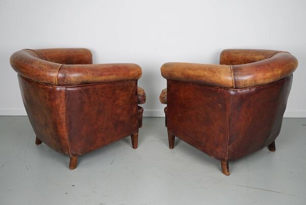 Fauteuil club vintage hollandais en cuir couleur cognac, lot de 2