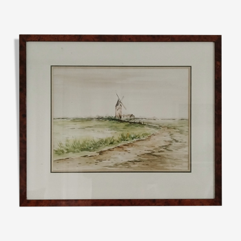 Watercolor landscape countryside mill signed Le Roux framed