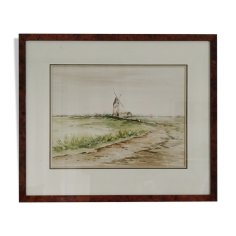 Watercolor landscape countryside mill signed Le Roux framed