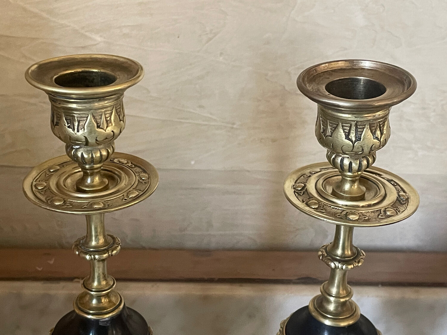 Pair of marble and brass candlesticks circa 1860