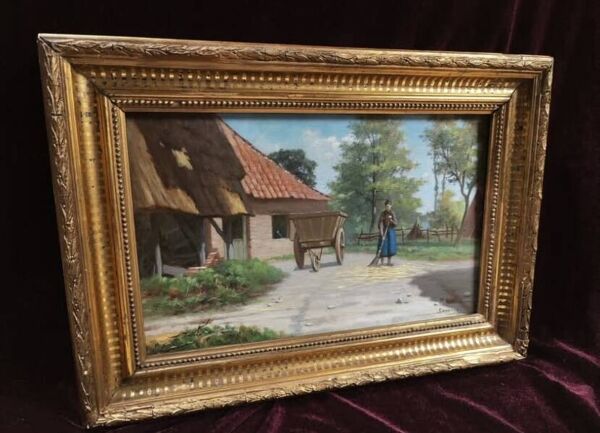 Tableau ancien peinture huile école francaise de Barbizon cadre bois