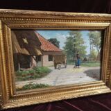 Antique oil painting, french barbizon school, wooden frame