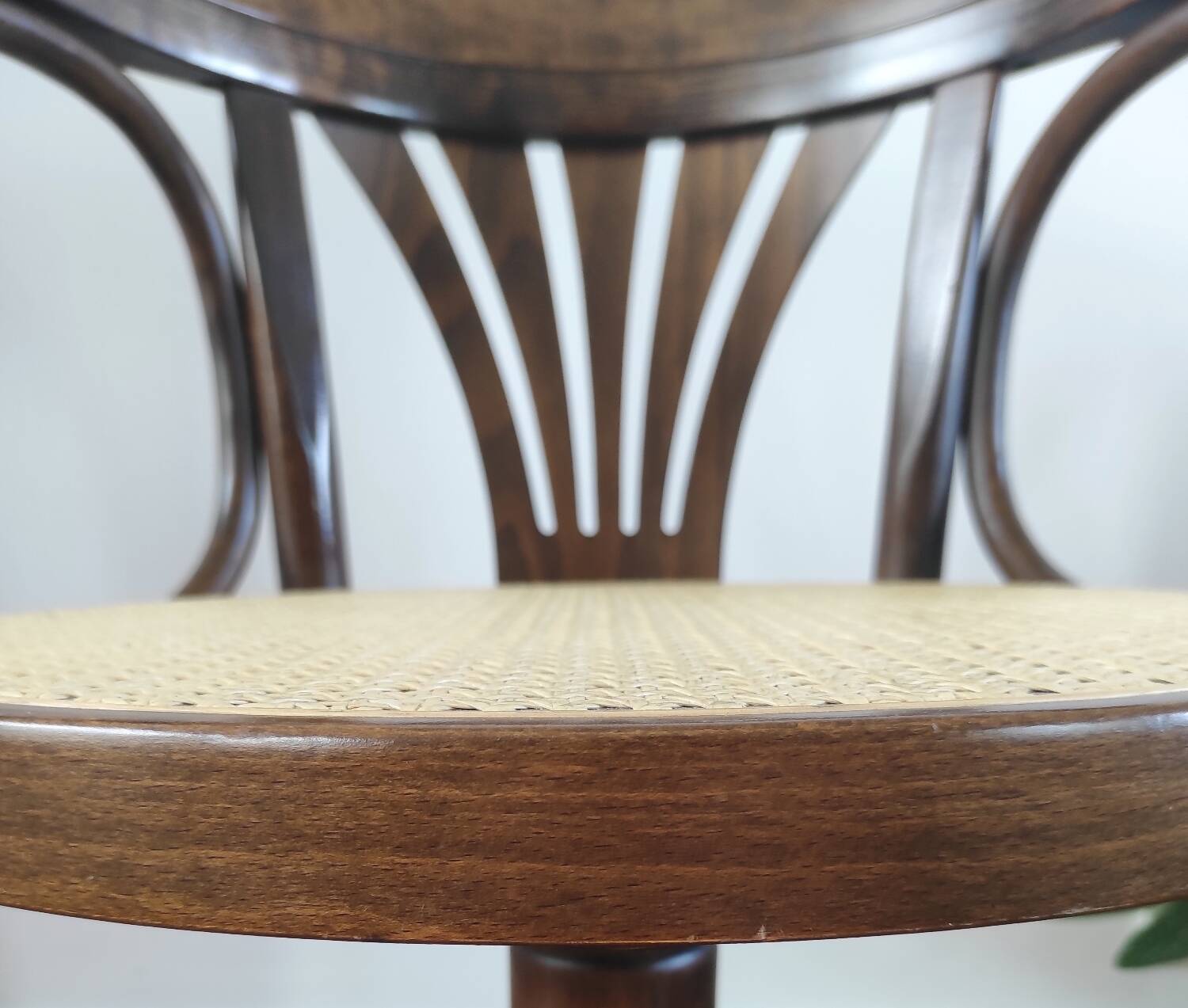 Vintage swivel office chair with curved wood and caning (Thonet style)