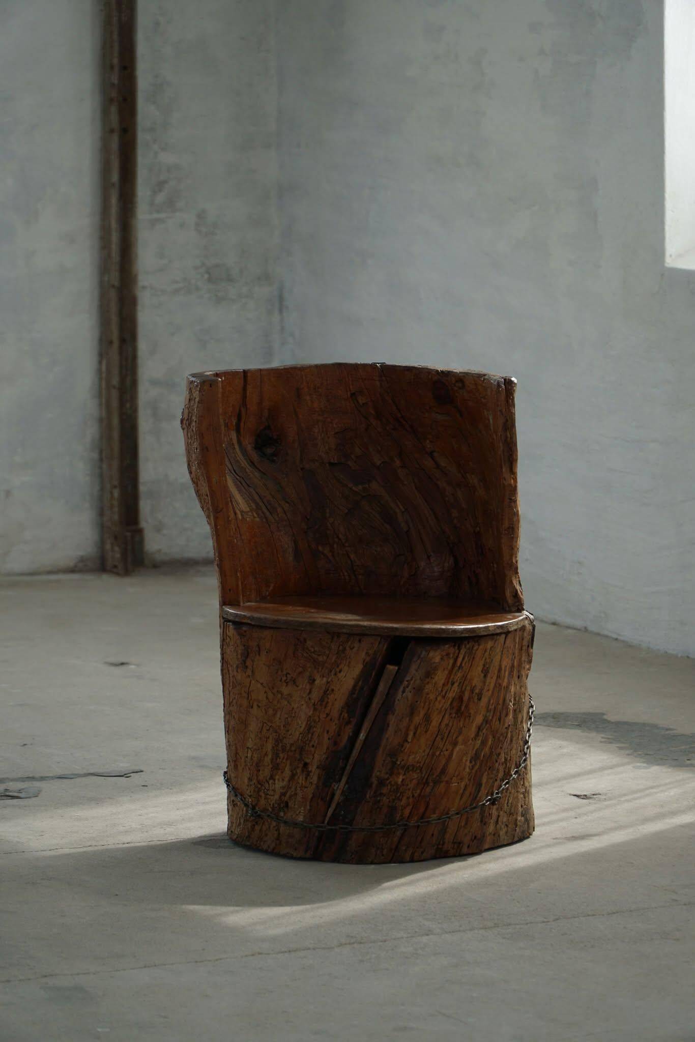 Chair made from hand-carved pine with storage, modern Swedish style, wabi-sabi, 1900s.