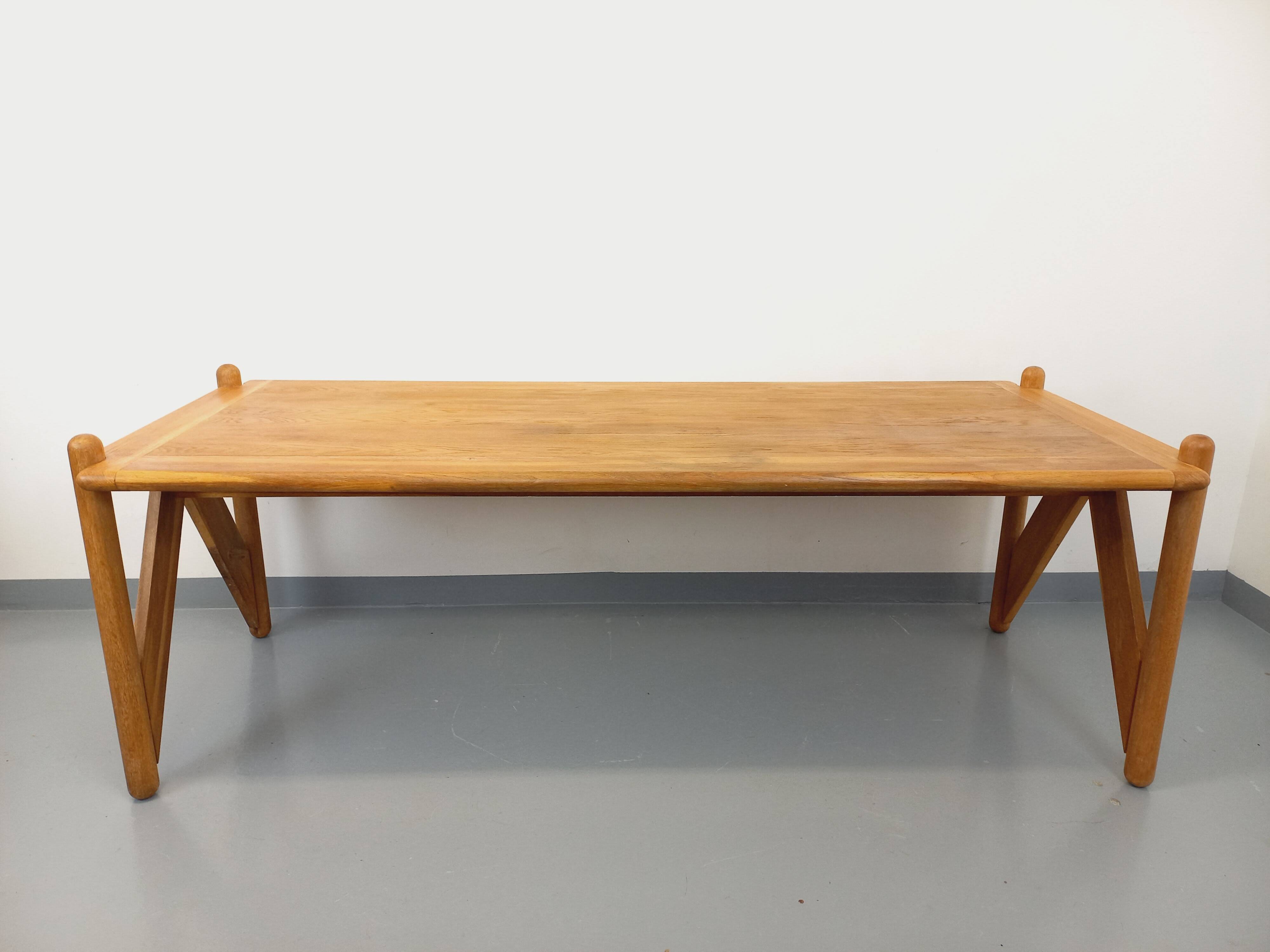Large vintage brutalist rectangular table made of solid oak wood.
