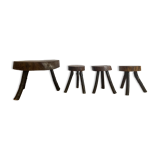 Brutalist wooden table and 3 stools
