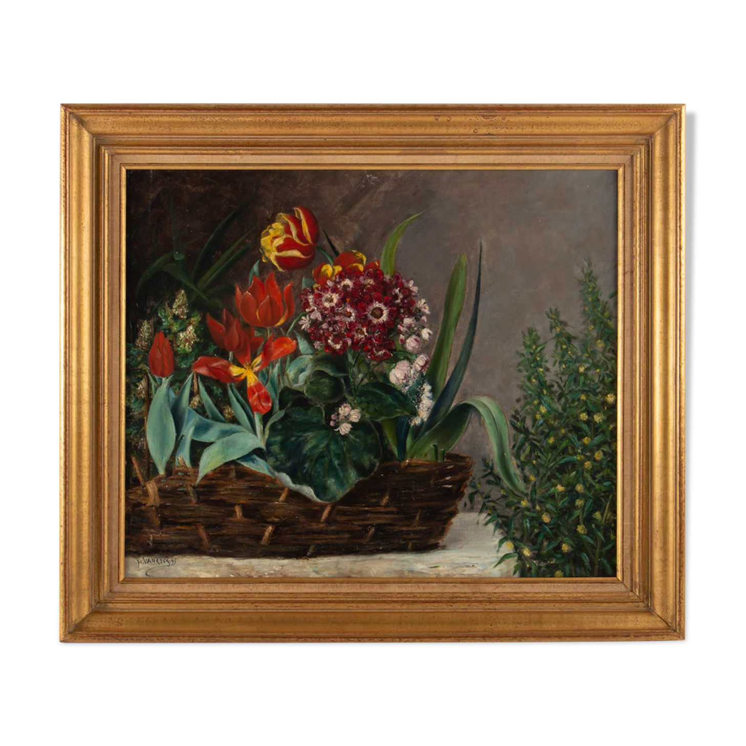 Floral composition in basket by H. Vaneyck- dated 1895