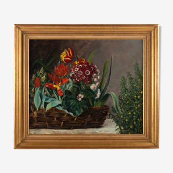 Composition florale au panier signée H. Vaneyck- datée 1895