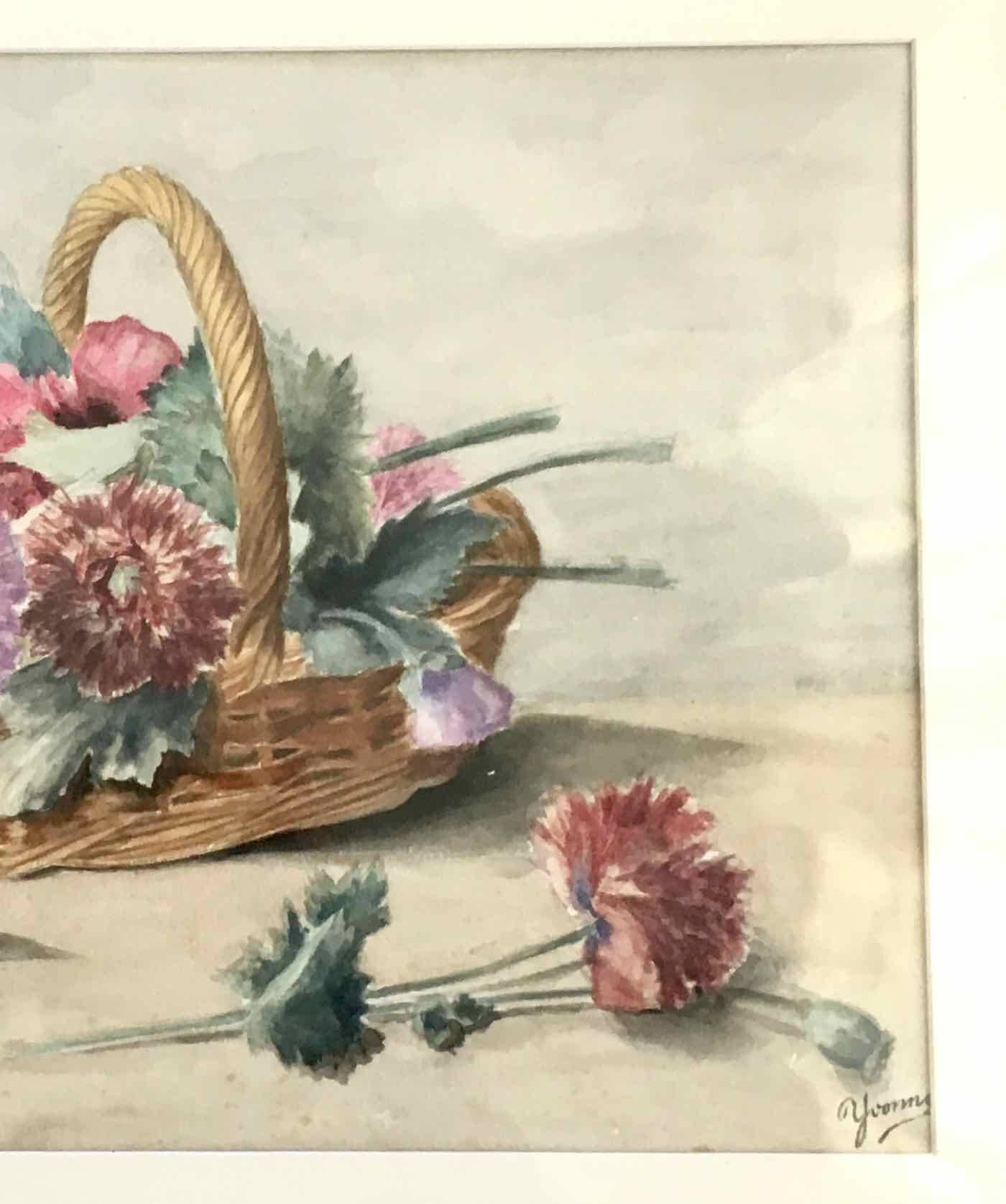 Watercolor painting basket of peonies