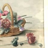 Watercolor painting basket of peonies
