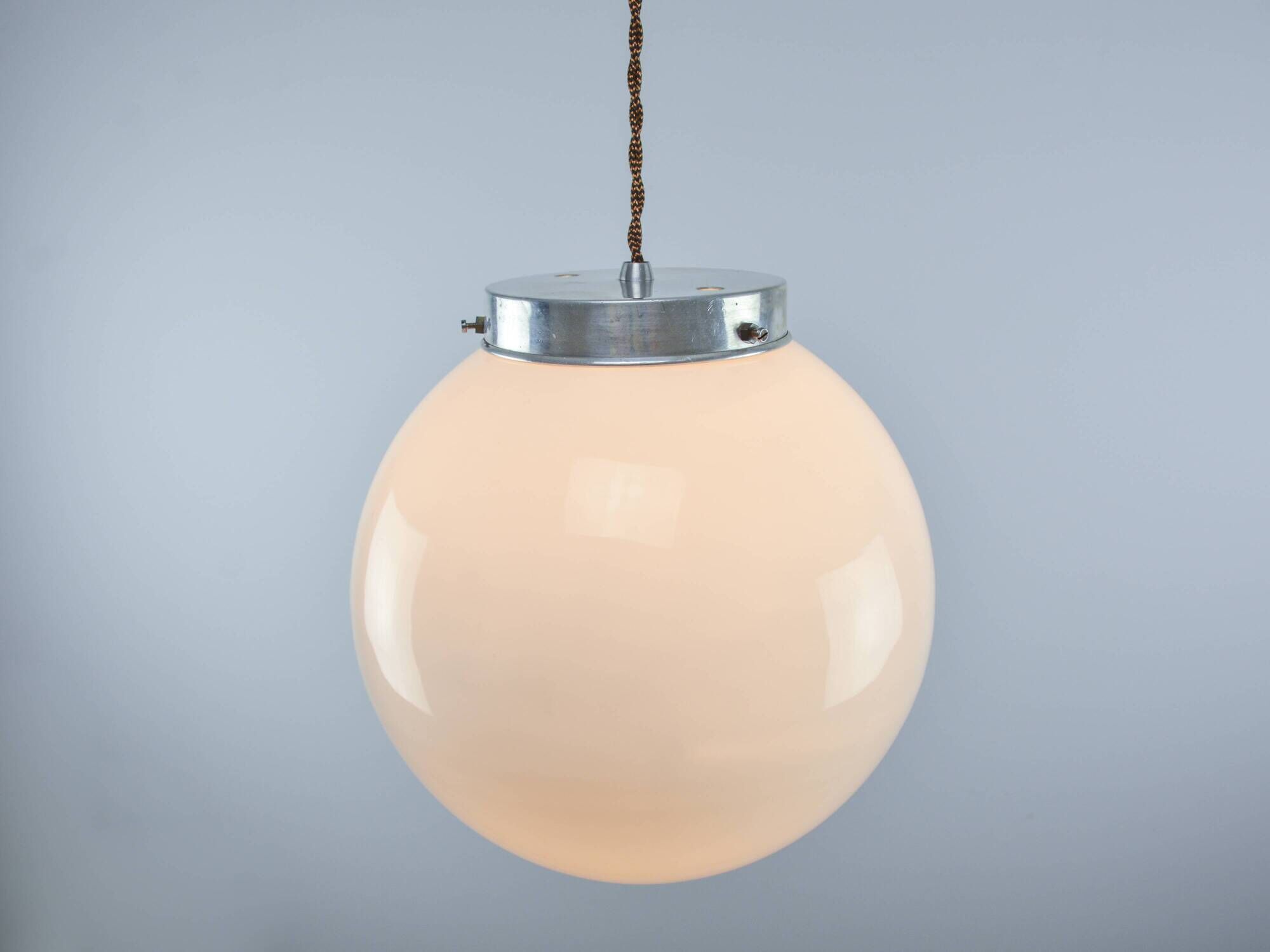 Mid-Century Opaline & Metal Sphere Pendant Lamp