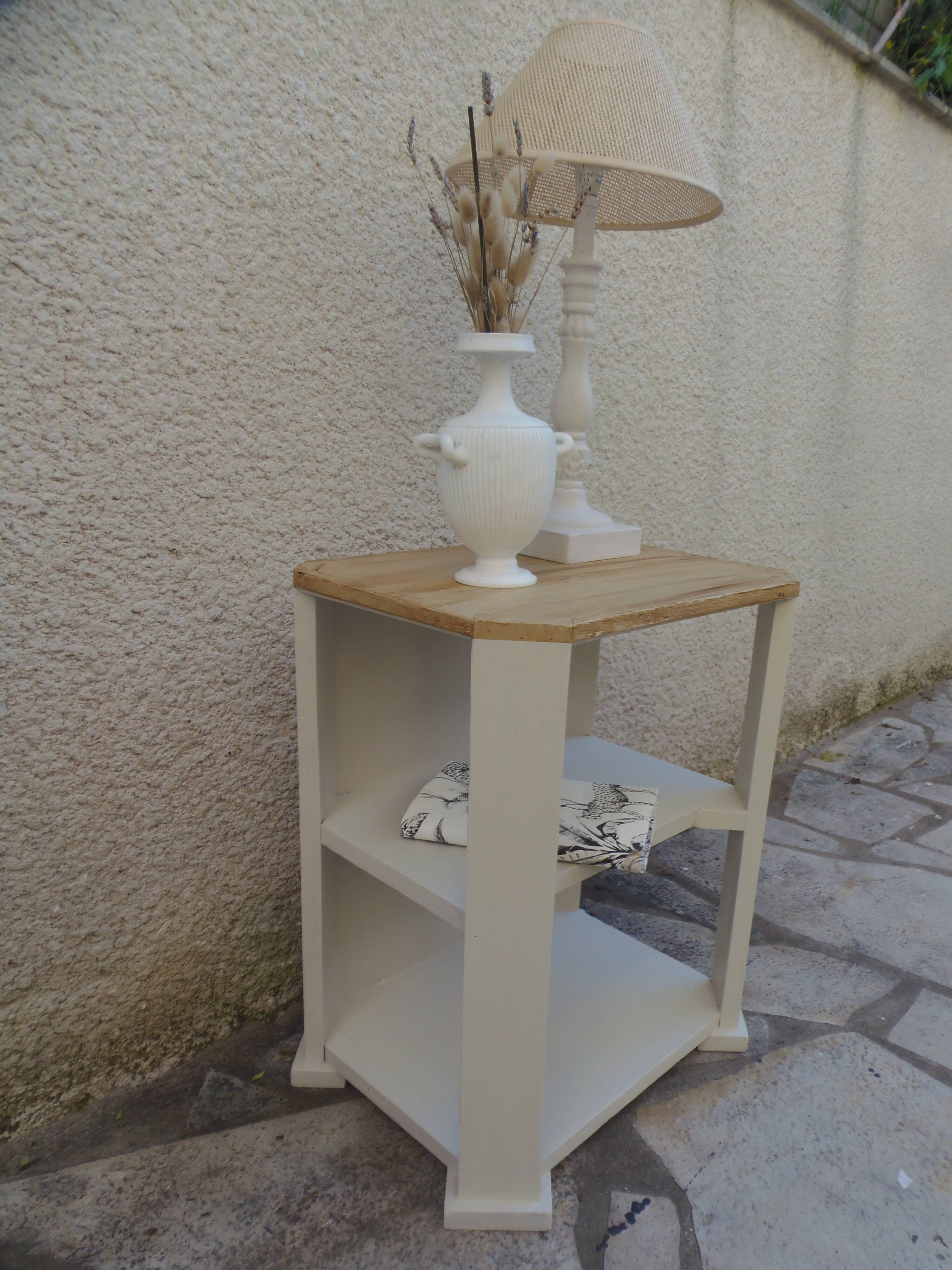 Vintage side table reimagined in beige, wooden tops.