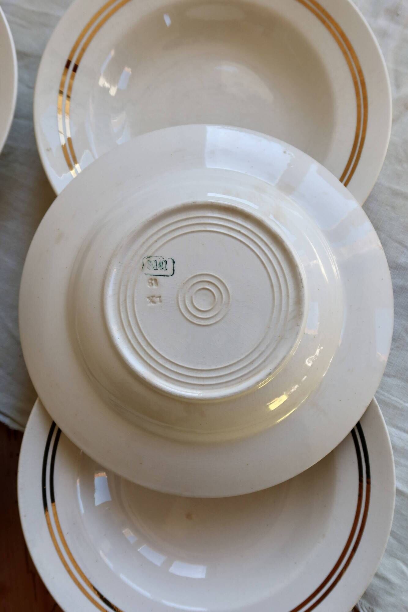 6 vintage ivory earthenware deep plates with double gold trim