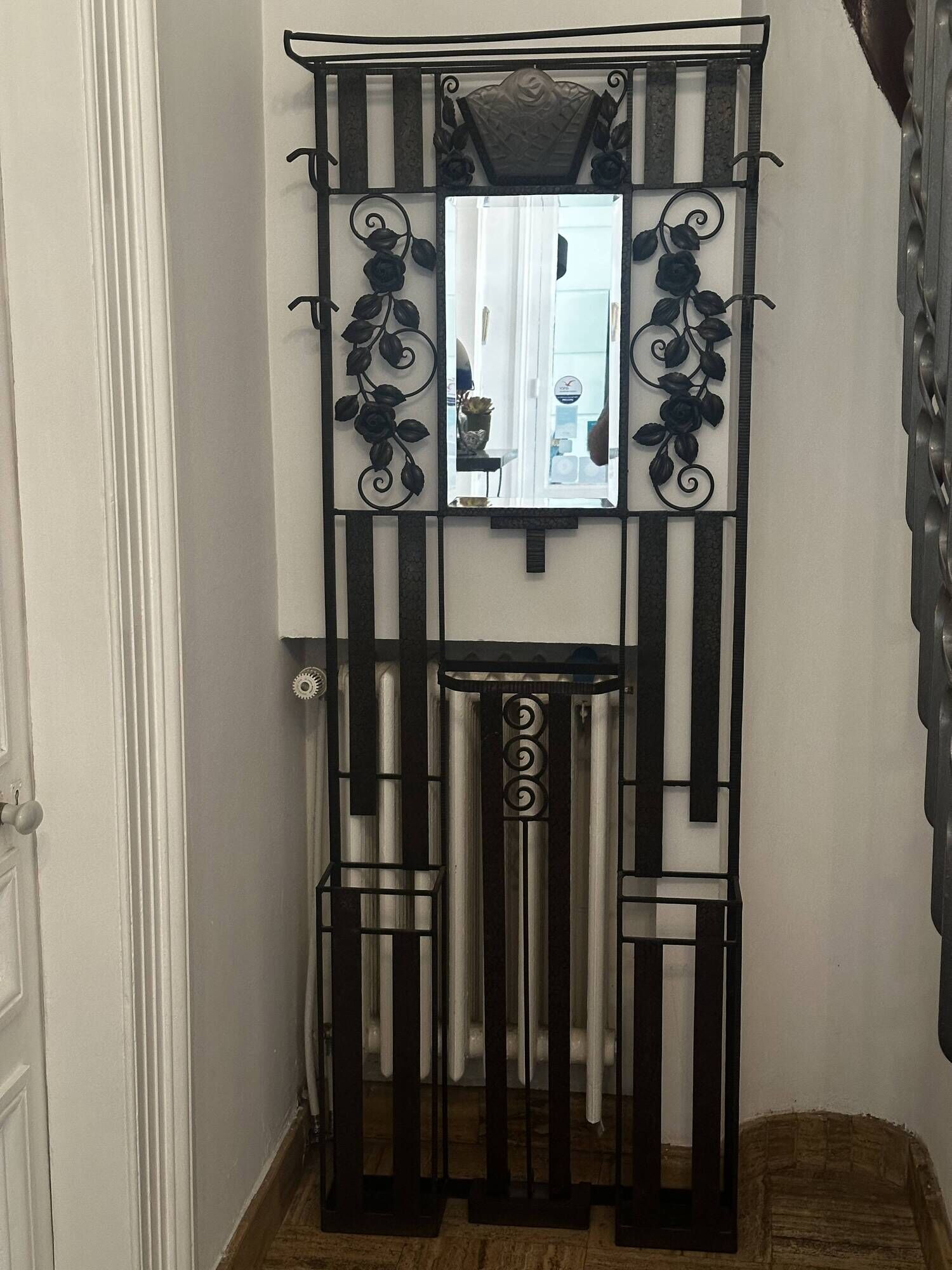 Art deco wrought iron coat rack and Degue lamp