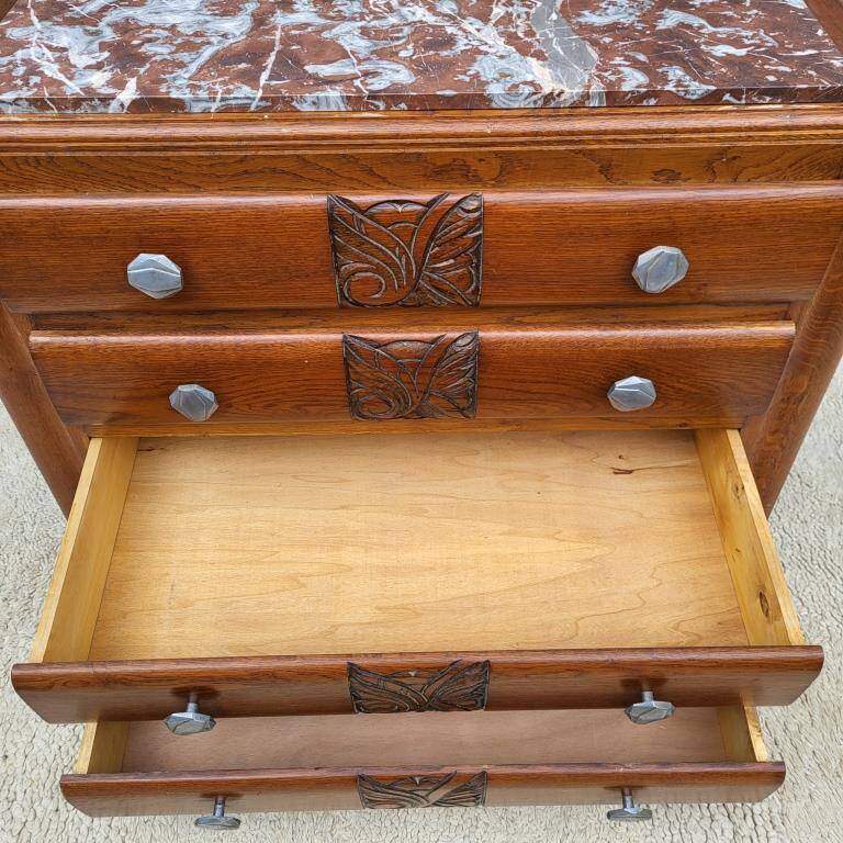 1930 Art Deco chest of drawers with recessed pink marble