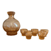 Carafe and 5 pink glass liqueur glasses with a gold rim 2008123