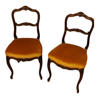 Set of two honey-colored velvet chairs and solid wood frame 19th