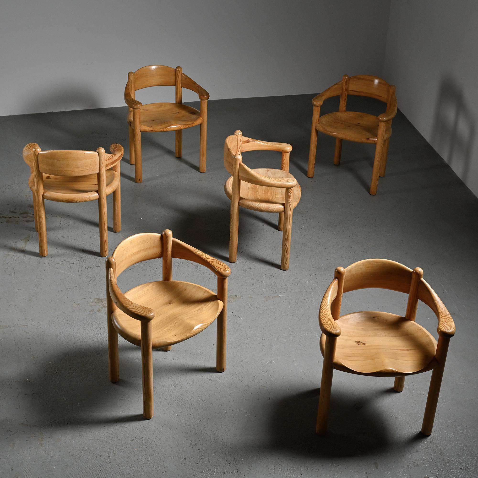 Set of 6 solid pine chairs by Rainer Daumiller, Denmark, circa 1970.