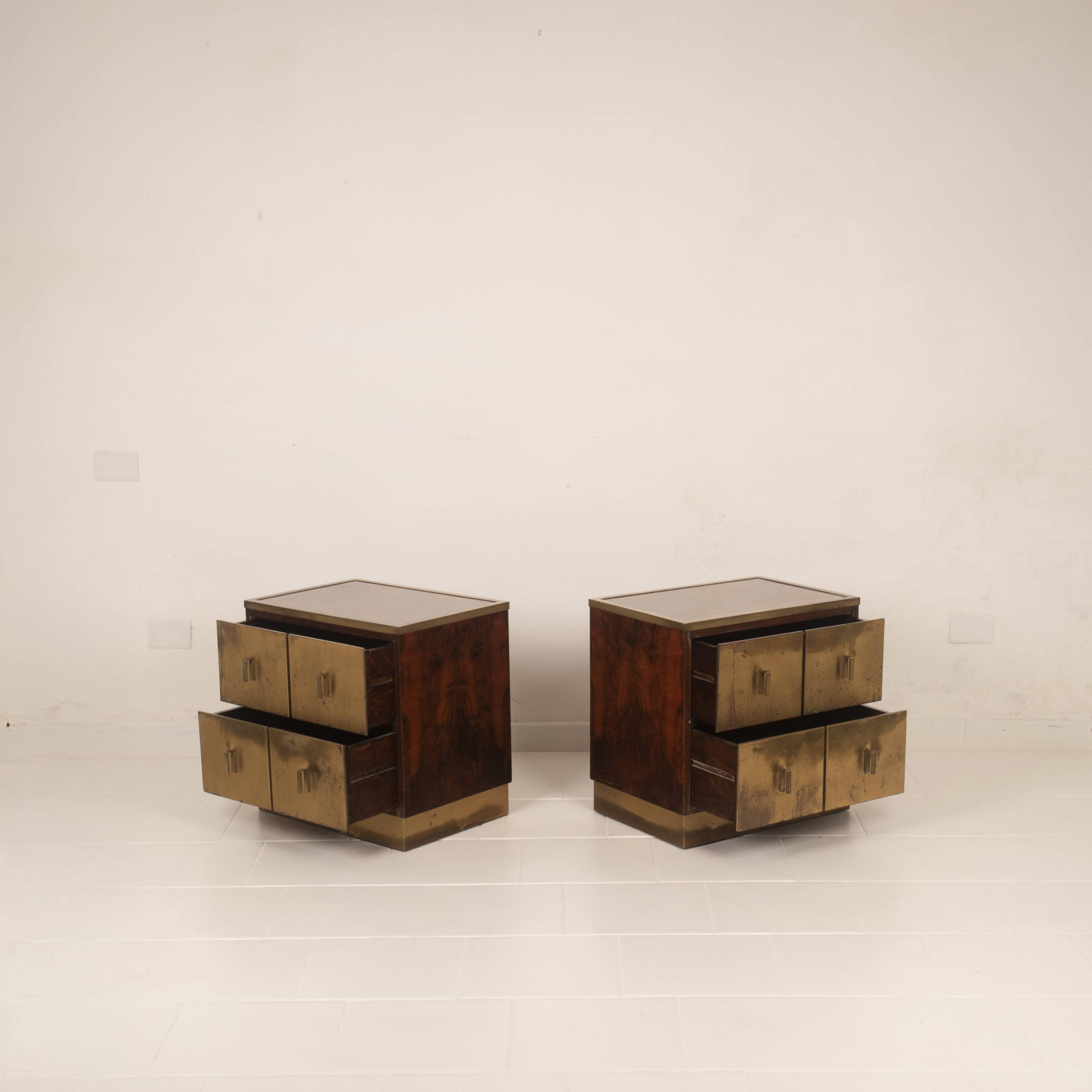Aldo Frigerio Italian Walnut Burl and Gold-Laminated Brass Bagdad Nightstands