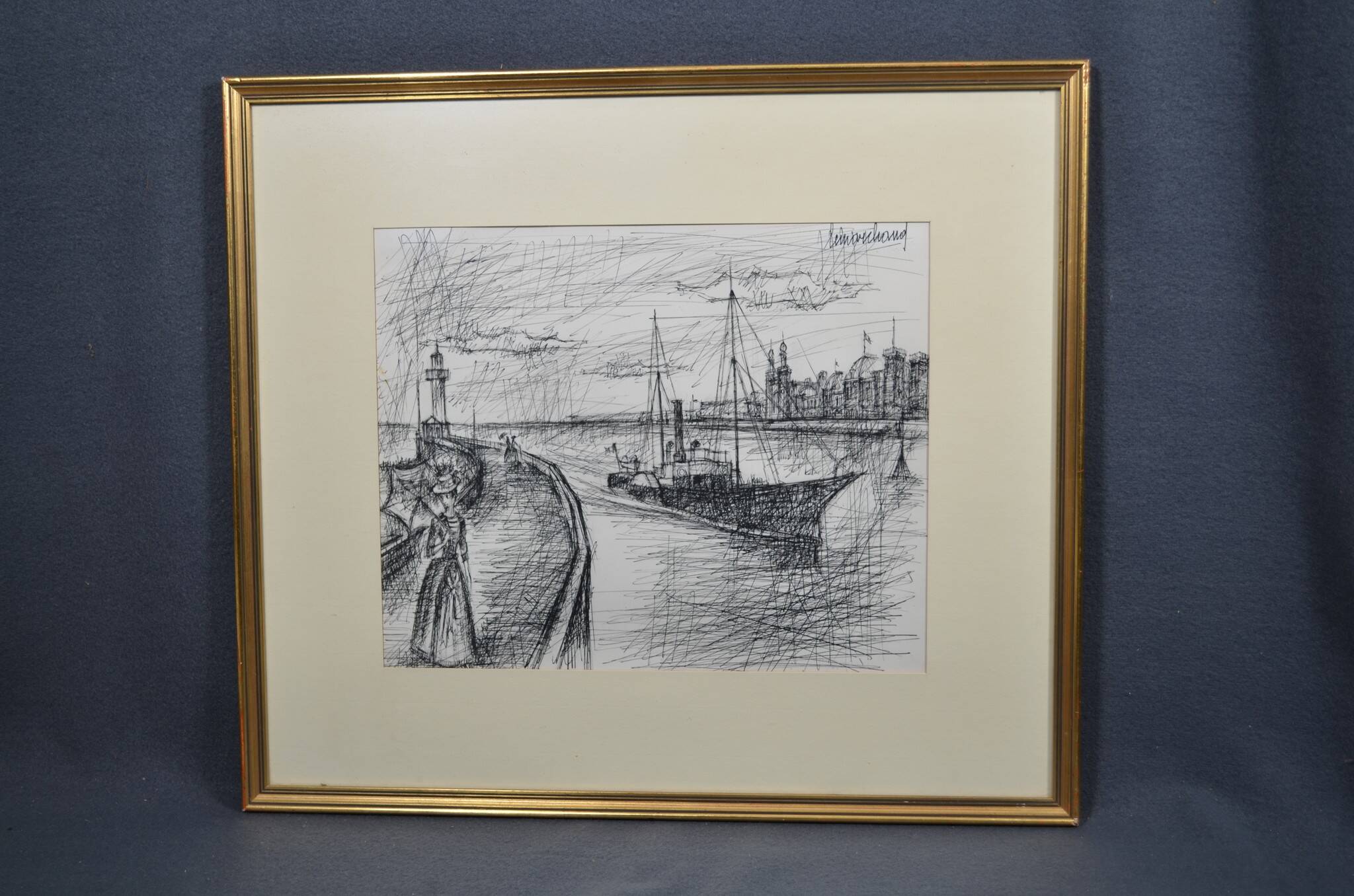 French school of the 20th century "the boat in a port with the elegant women"