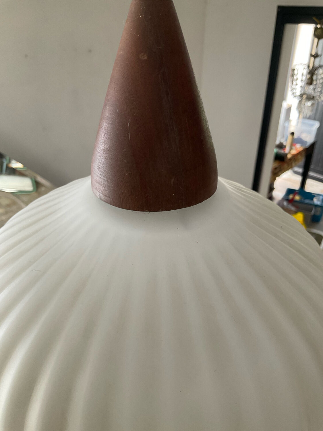 Louis Kalff pendant light in opaline and teak from the 1960s