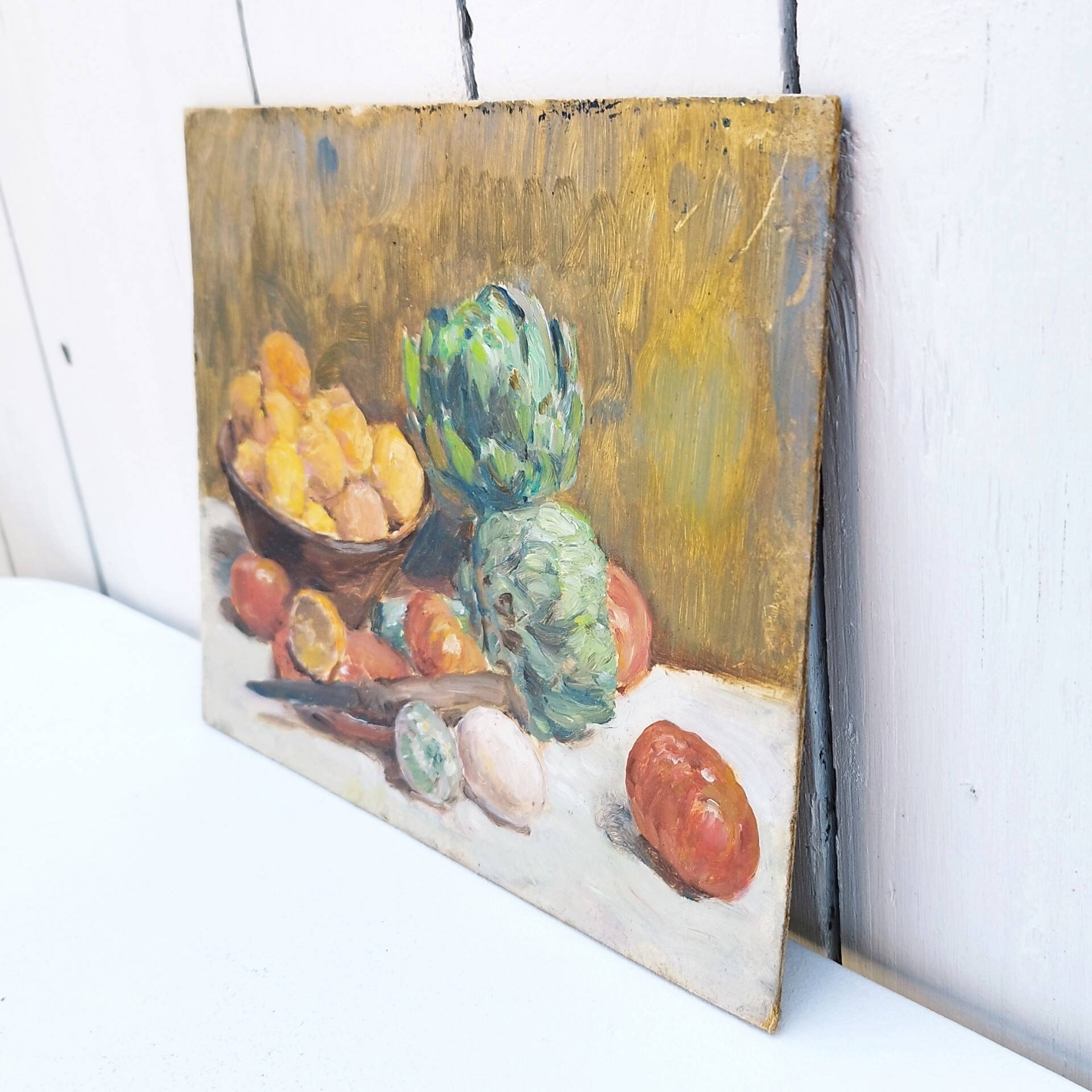 Tableau à la gouache nature morte aux artichauts