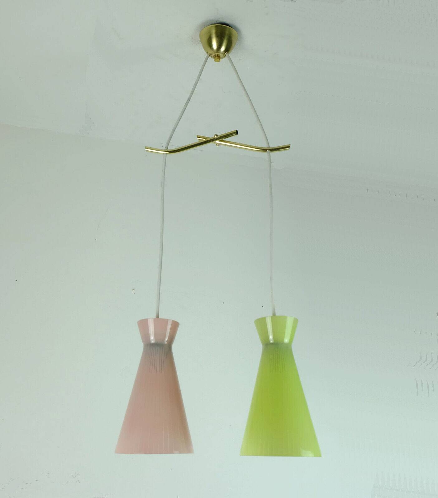 1950s mid century 2-light mid century pendant light glass shades and brass