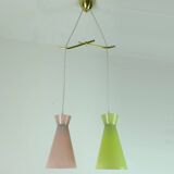 1950s mid century 2-light mid century pendant light glass shades and brass
