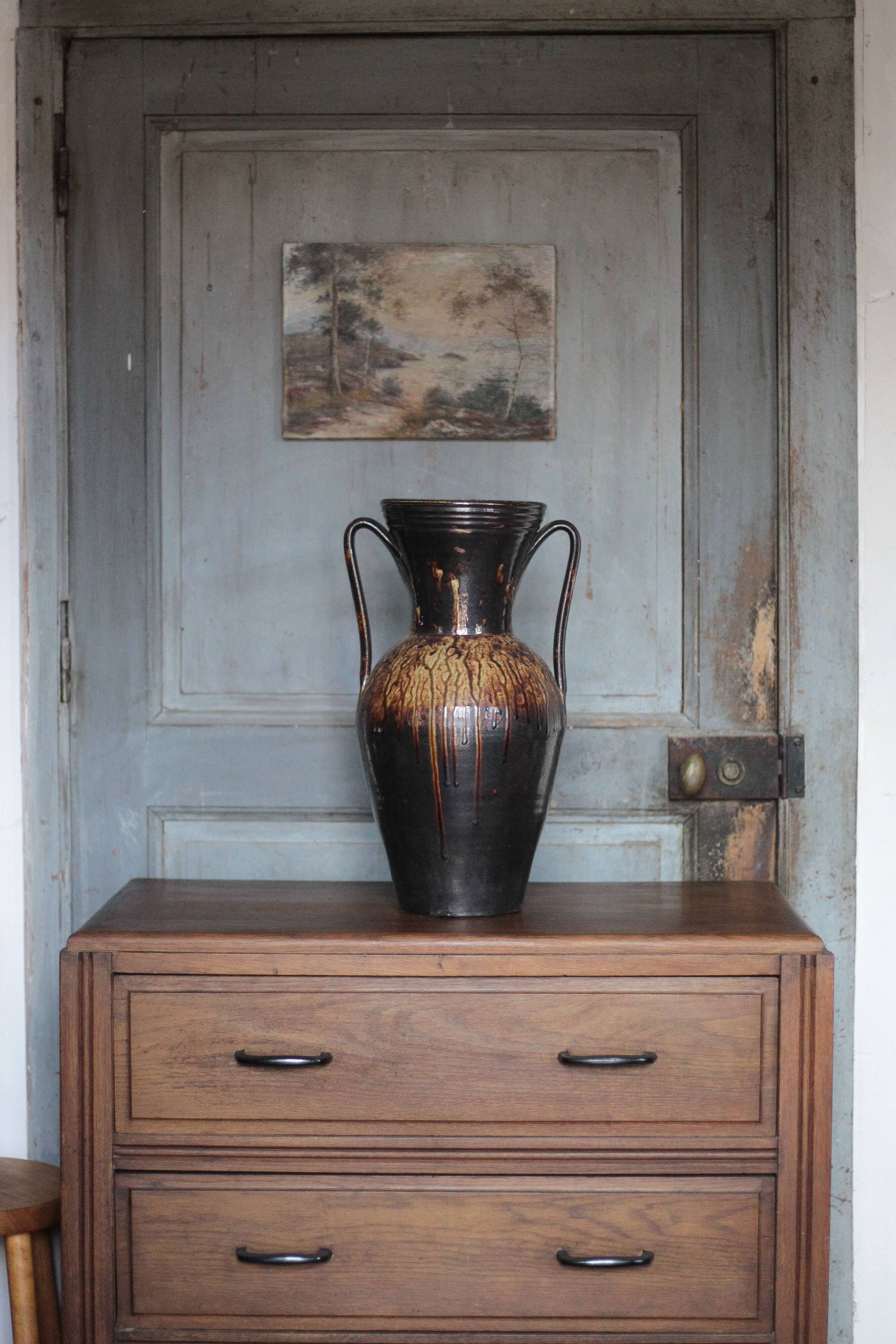 Large stoneware vase from Puisaye, vintage vase, vase with handles, interior decoration