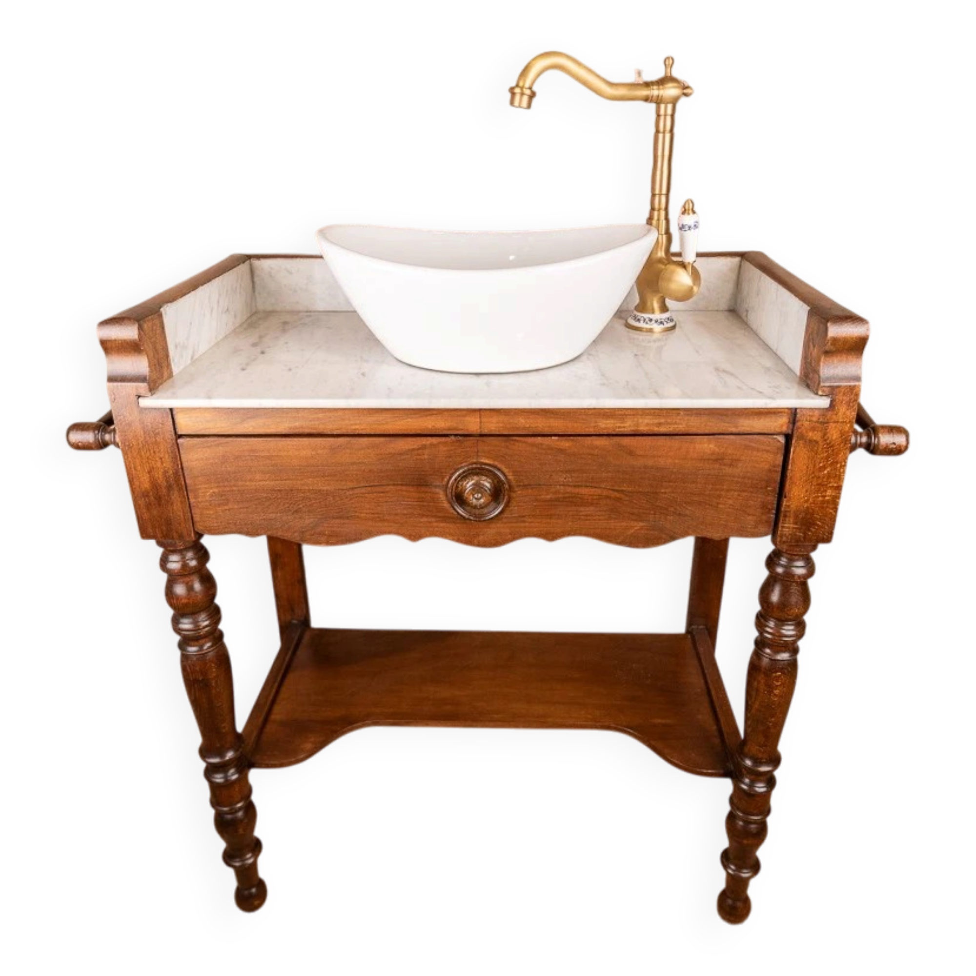 Meuble vasque ancien marbre et bois de style Louis-Philippe
