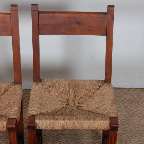 Ensemble de 6 chaises paillées en bois, travail français, 1950