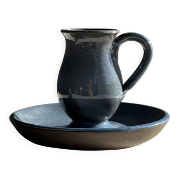 Bougeoir à main vintage en grès émaillé bleu à décor floral Poterie Millian