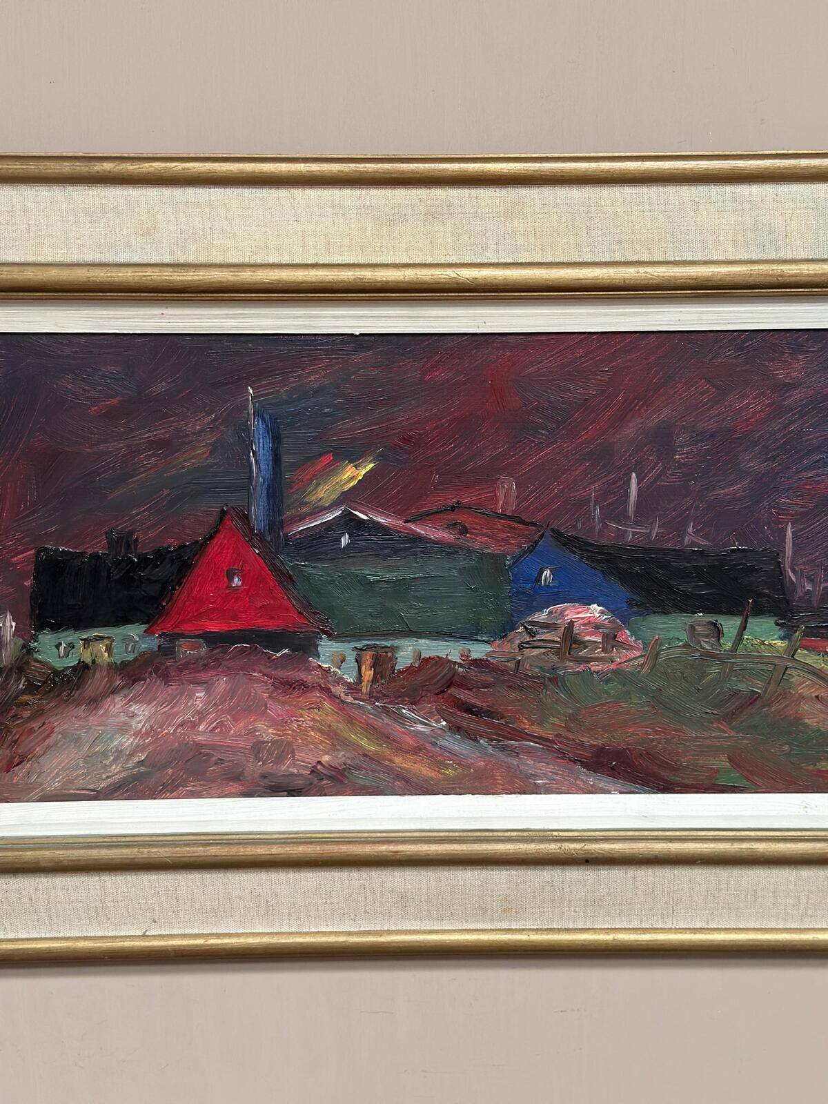 Original Swedish Oil on Panel – “Huts” – Vintage & Framed – 77 × 41 cm