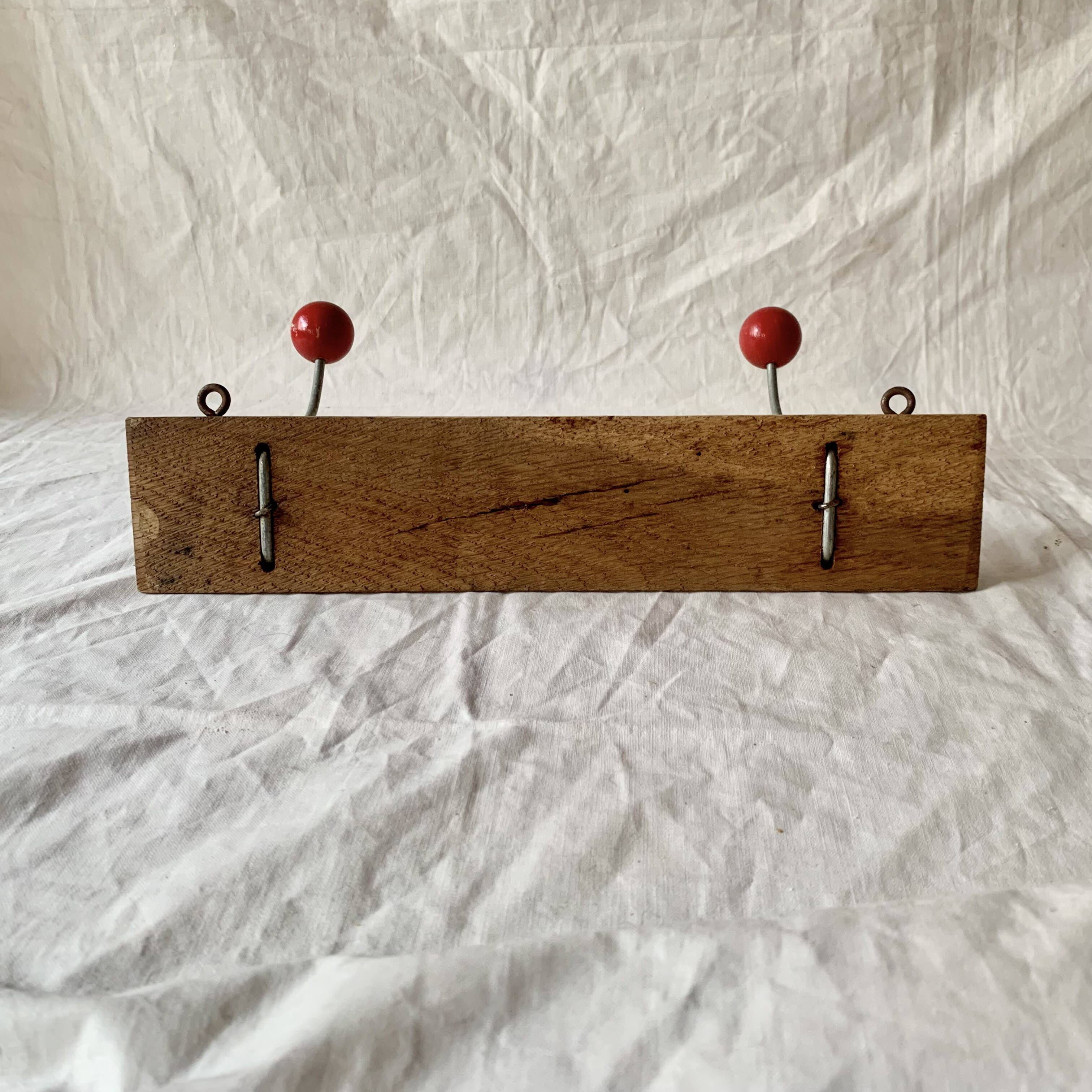 Vintage coat rack - double coat hook - red wooden balls