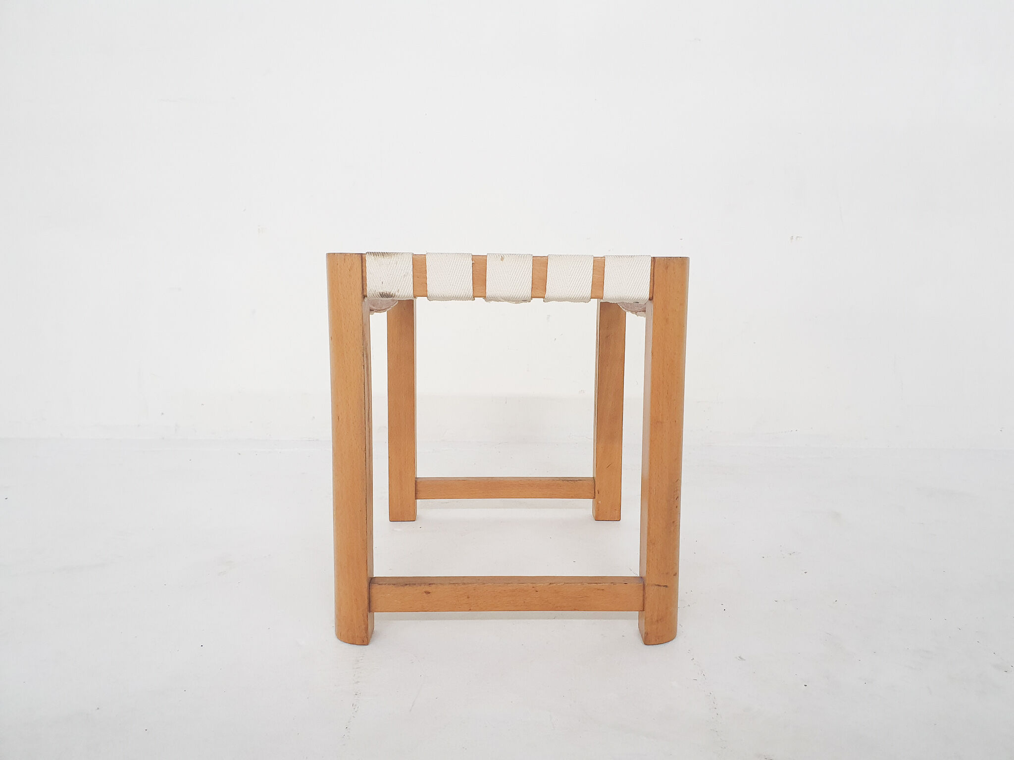 Scandinavian modern wooden stool with white bands, 1970's