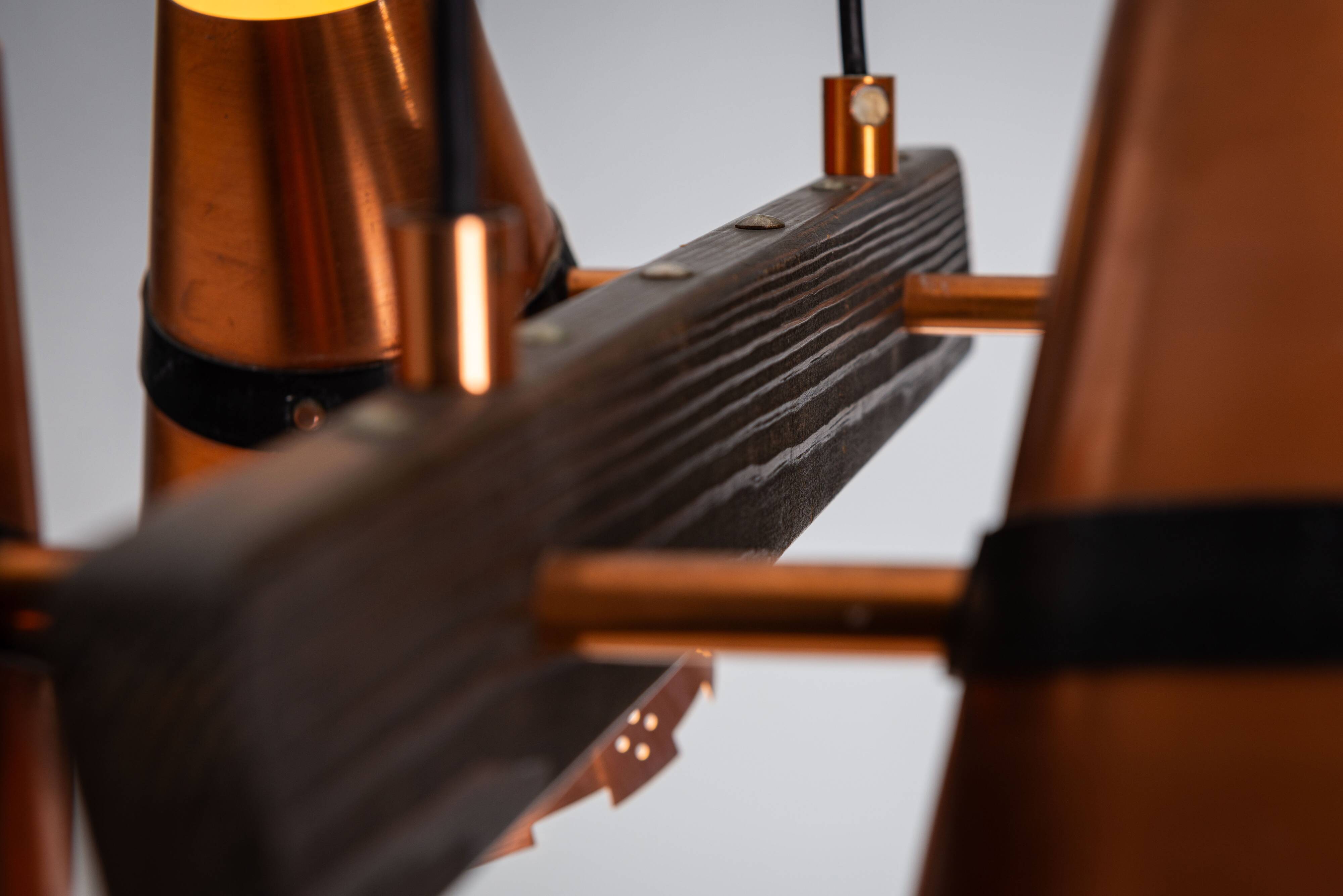 Ceiling lamp in dark stained wood with four brass shades, Sweden, 1960s