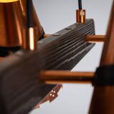 Ceiling lamp in dark stained wood with four brass shades, Sweden, 1960s