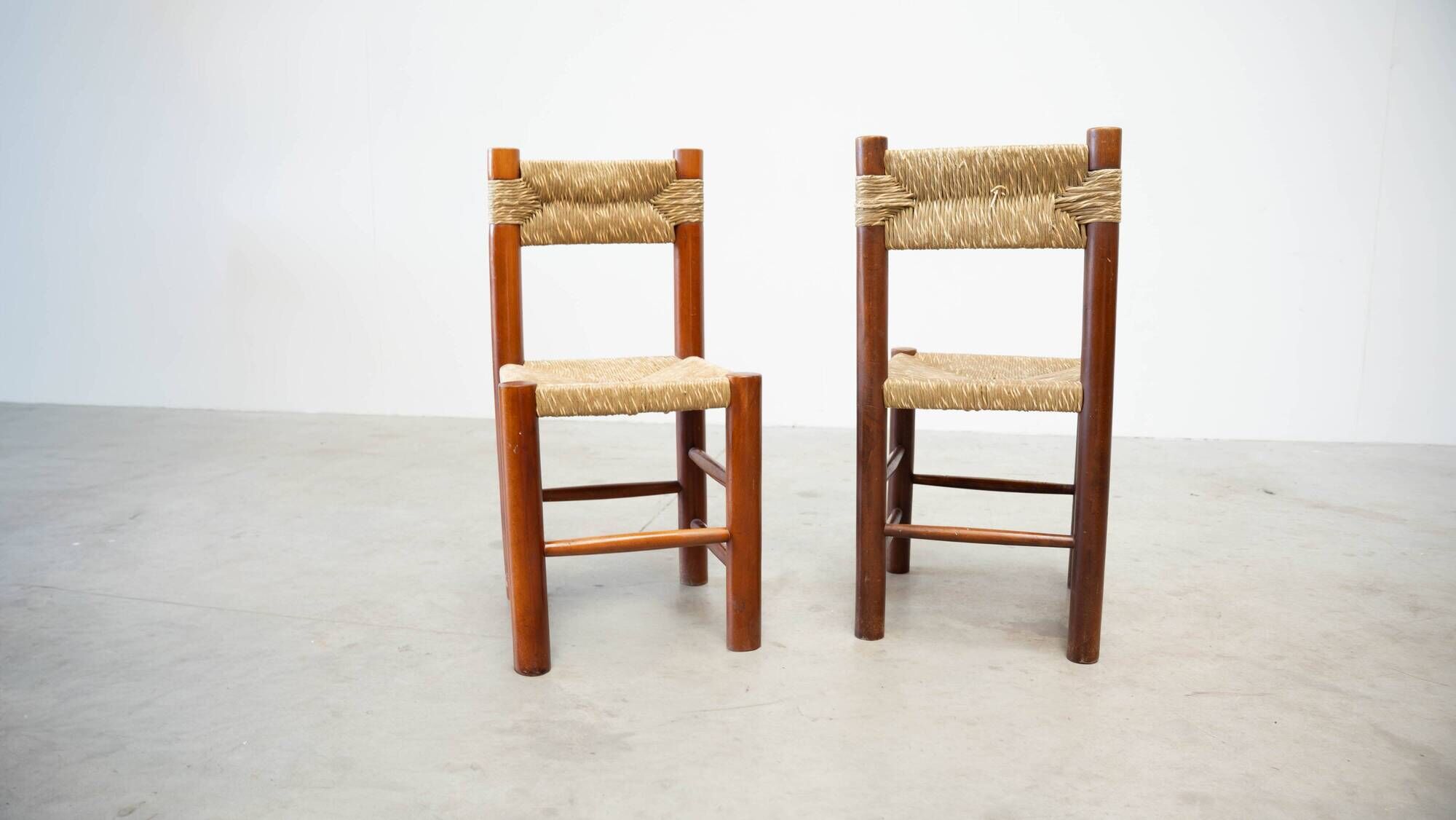 Set of six rattan and oak French dining chairs