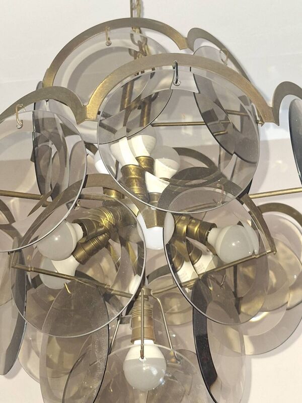 Lustre Vistosi à 28 disques en verre ambré facetté, Italie, années 1960