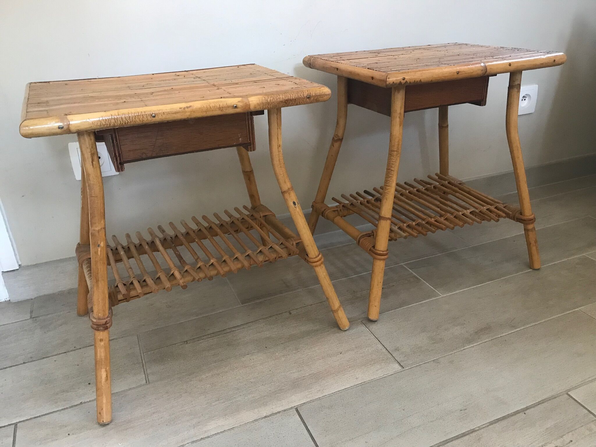 Pair of vintage rattan bedside tables 60 years