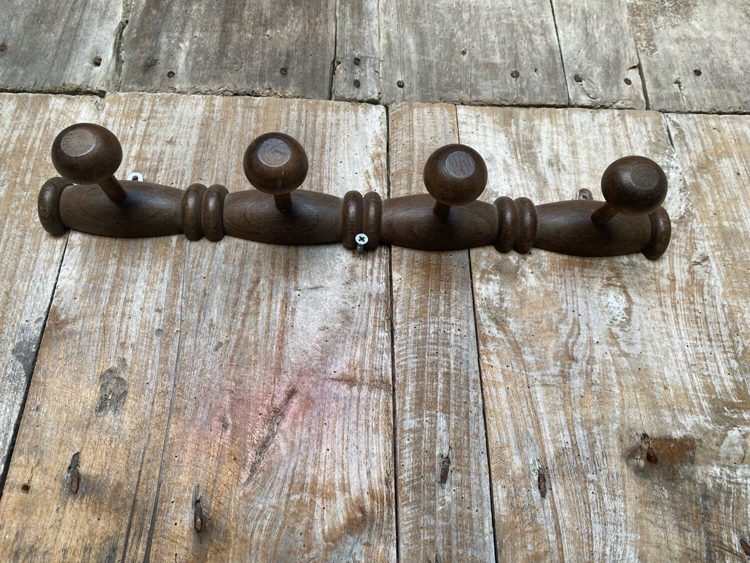 Wall Coat Rack 4 Hooks Wood 1950s Vintage #D749