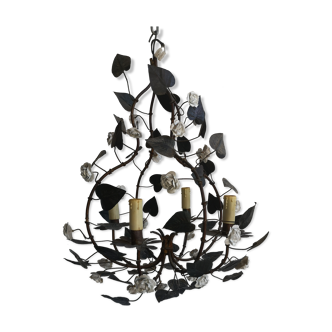 19th copper chandelier with ceramic floral motifs