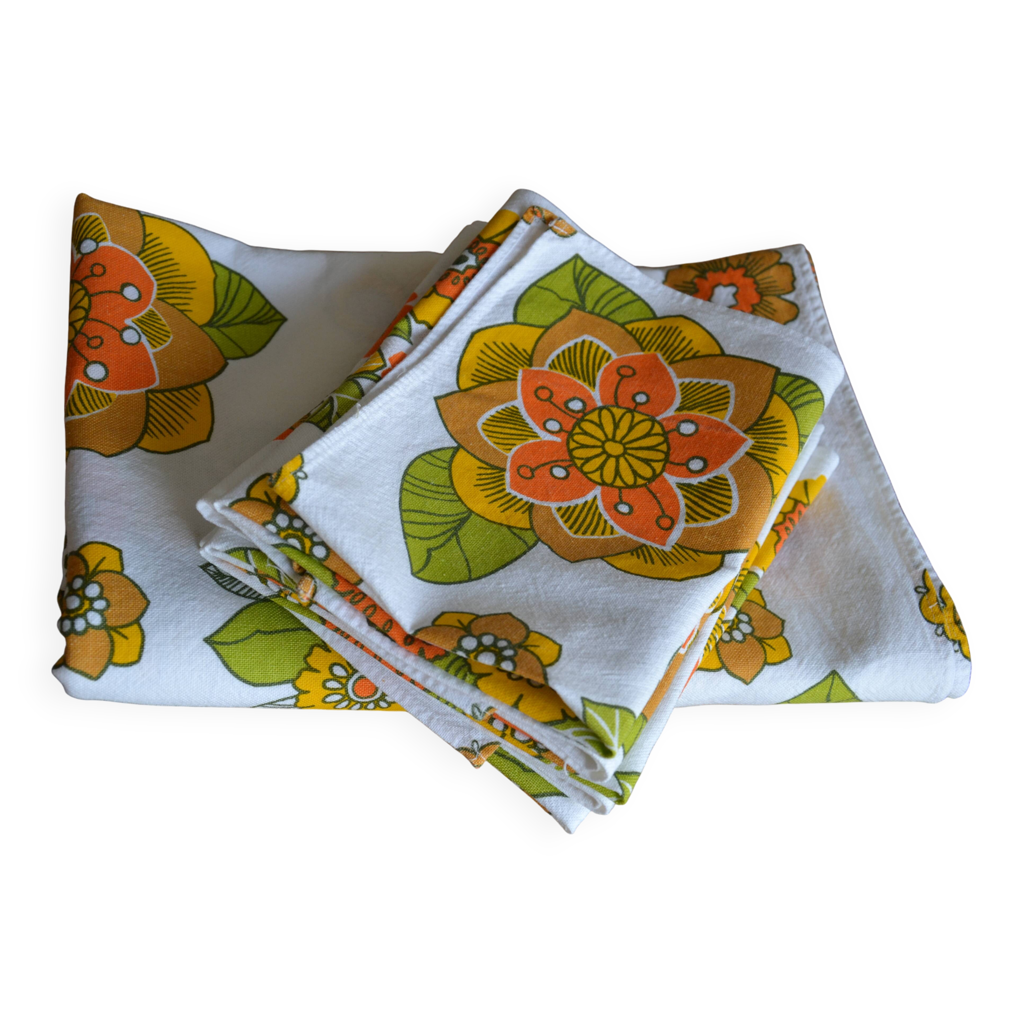 Nappe à fleurs en coton/lin vintage