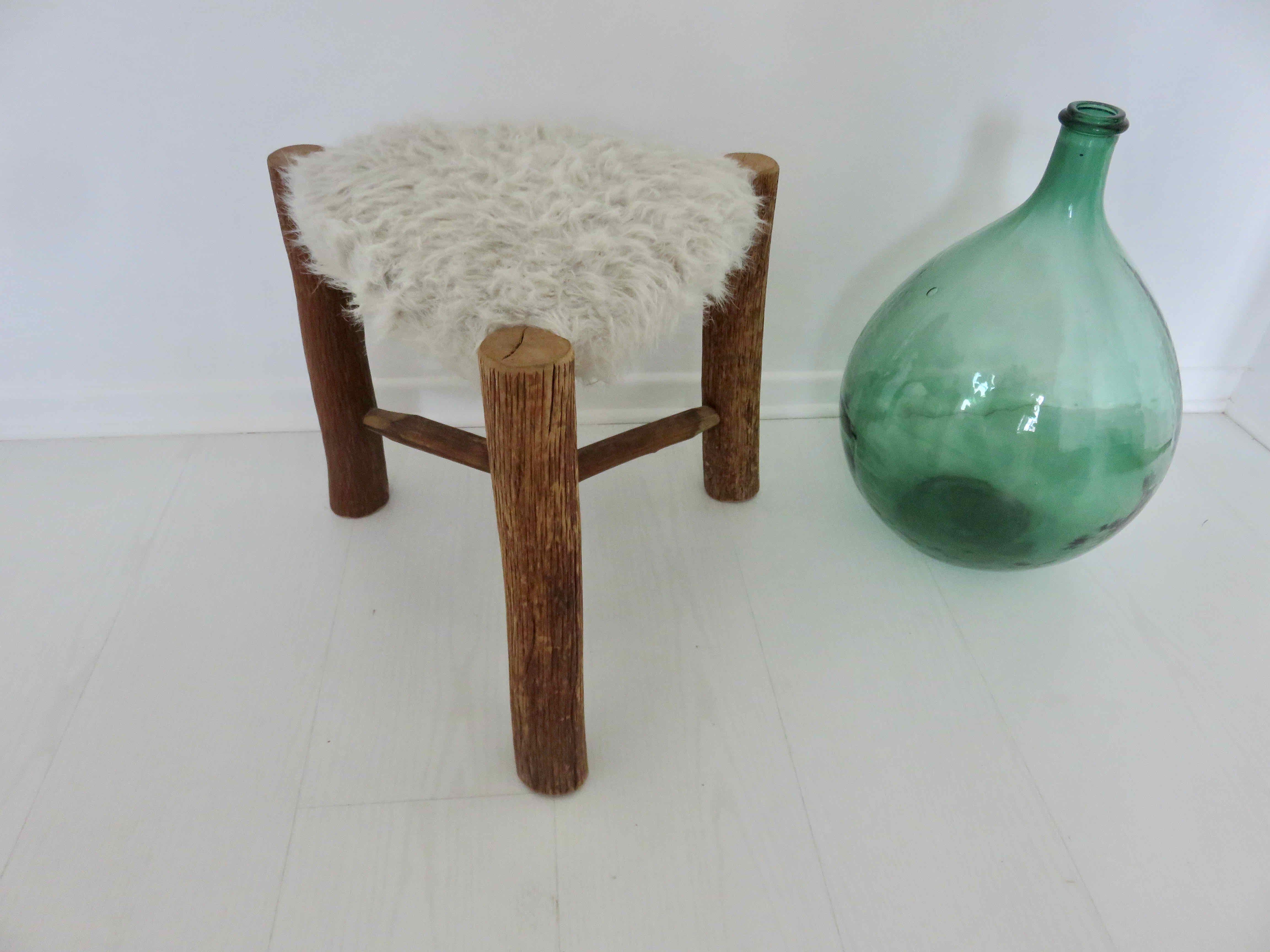 Scandinavian stool "mountain chalet" tripod wood, seat in vintage moumoute