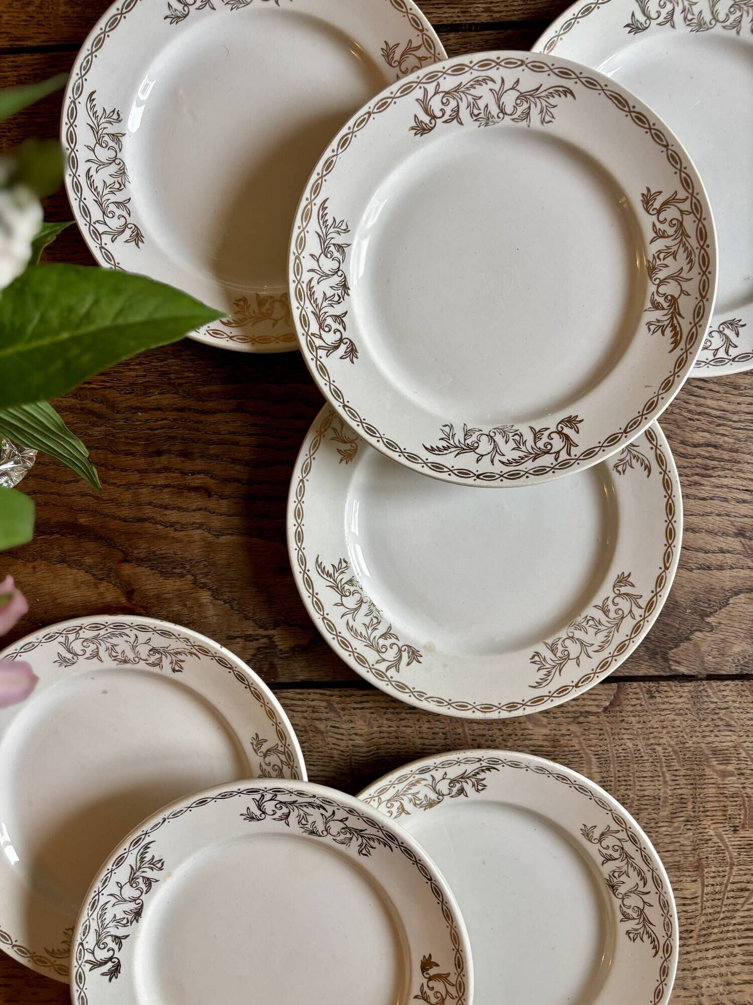 Set of 8 vintage white and gold dessert plates.