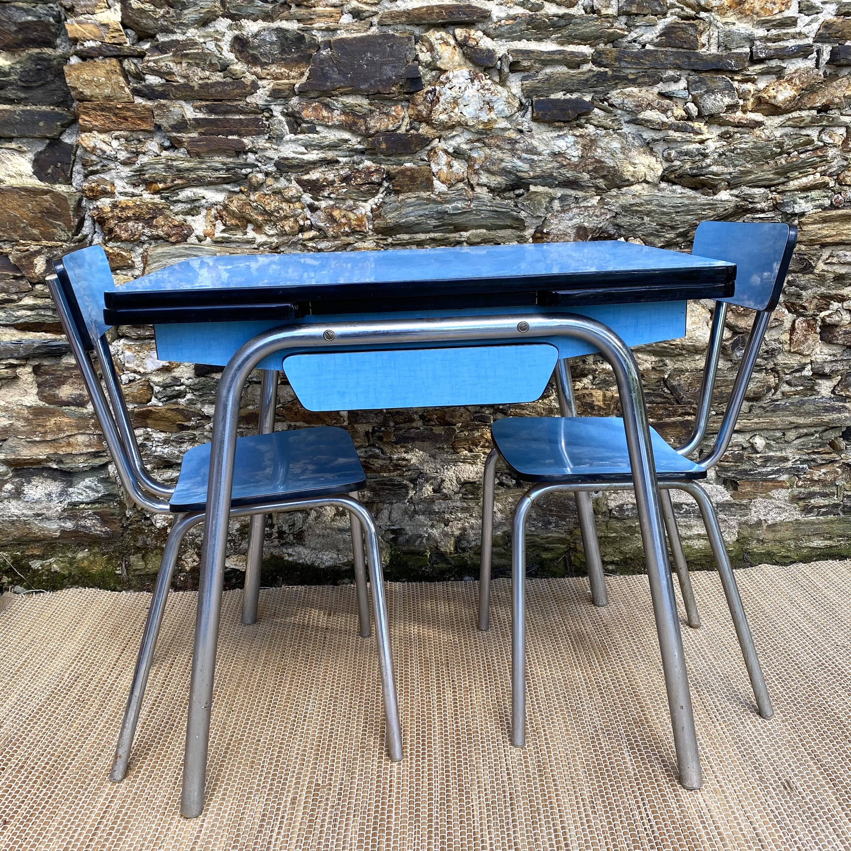 Extendable blue formica table and 2 chairs, 1960s