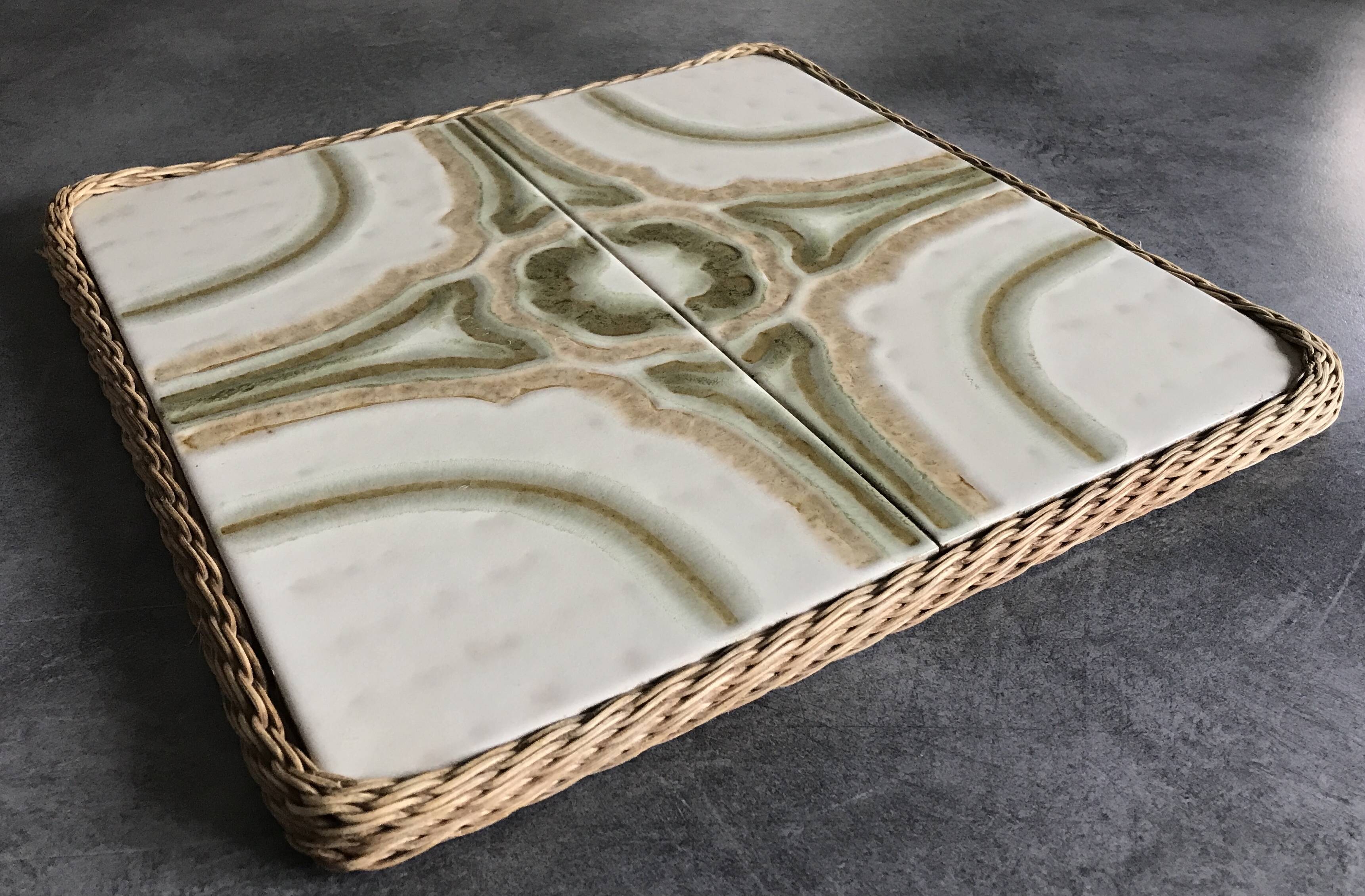 Ceramic tile trivet with vintage pattern woven wicker outline