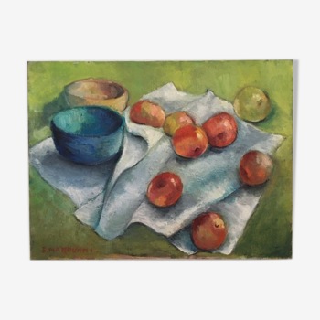 Tableau nature morte pommes et coupes