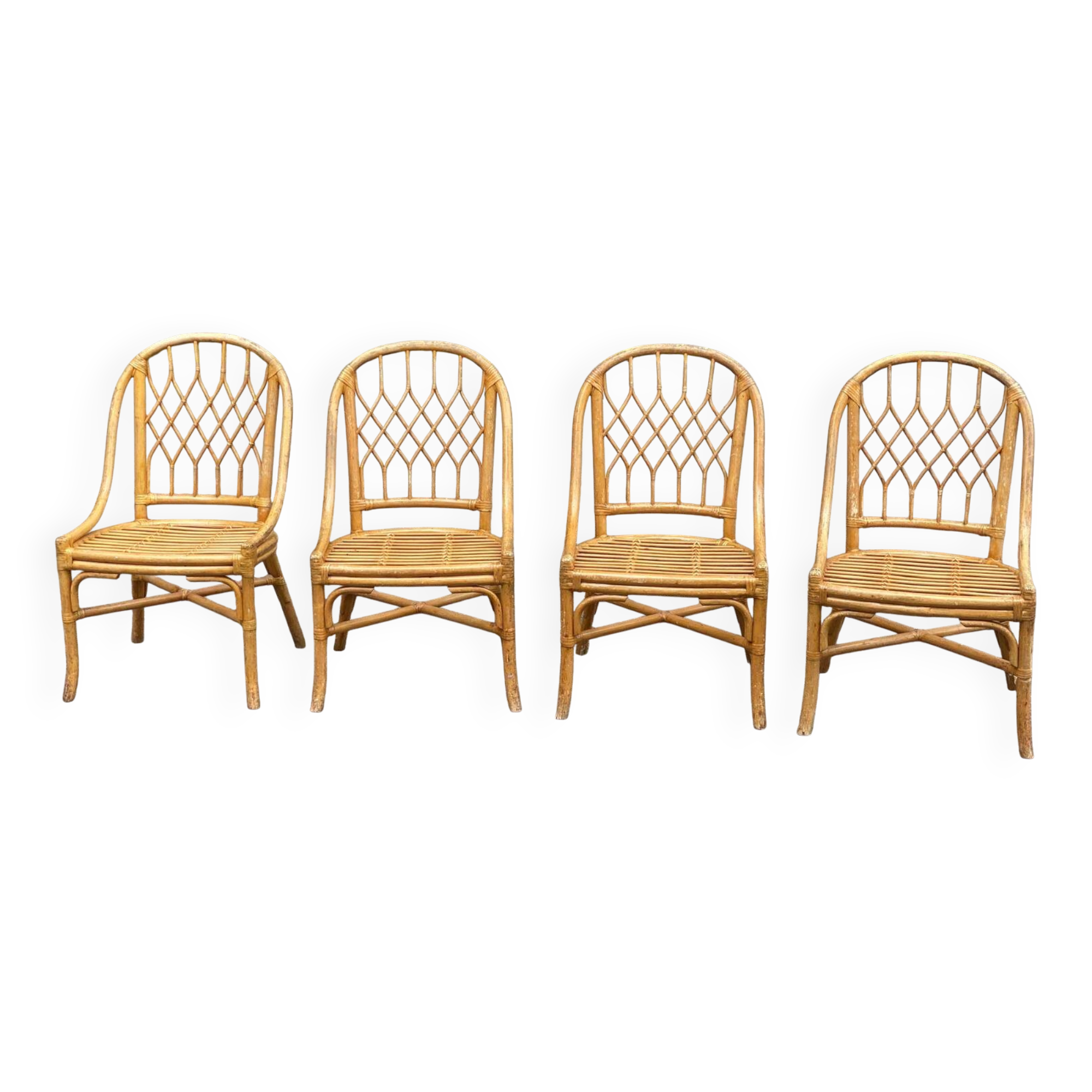 4 bamboo, rattan and wicker gondola chairs from the 70s