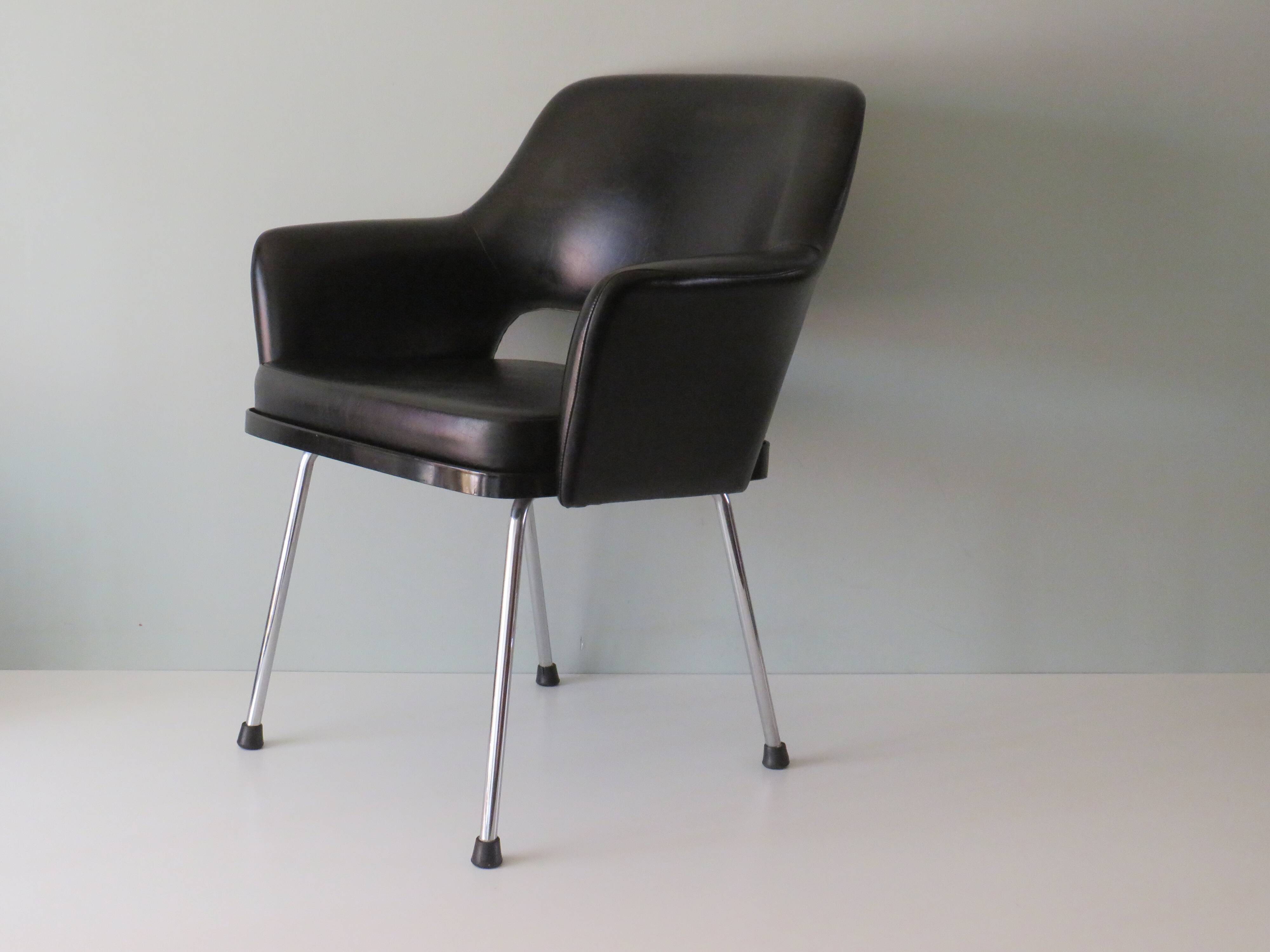 Modernist armrest chair, chrome and skai, Belgium 1960